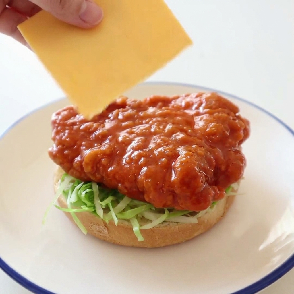 Una mano che abbassa una fetta quadrata di formaggio cheddar su un filetto di pollo fritto coperto di salsa buffalo, adagiato su lattuga tagliata in un panino tostato.