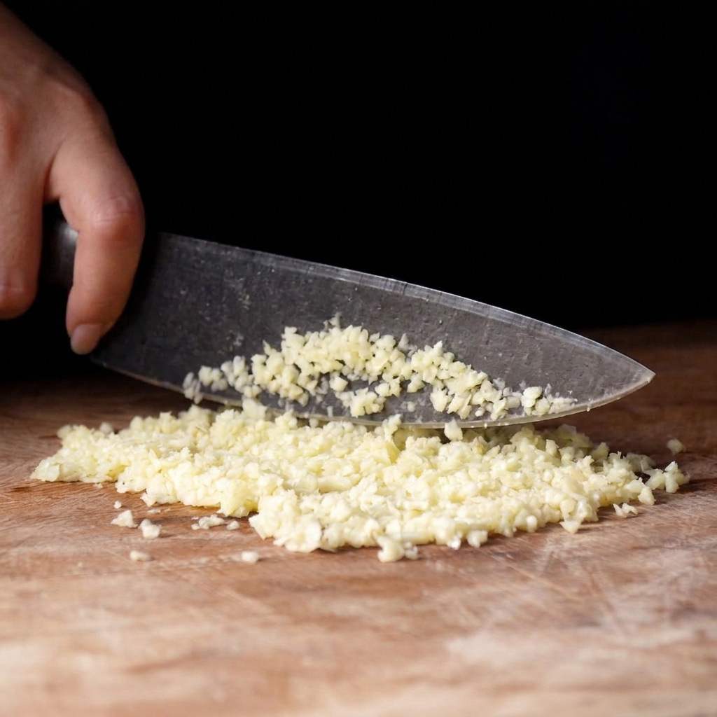 Primo piano di un coltello che sminuzza gli spicchi daglio in piccoli pezzi su un tagliere di legno.