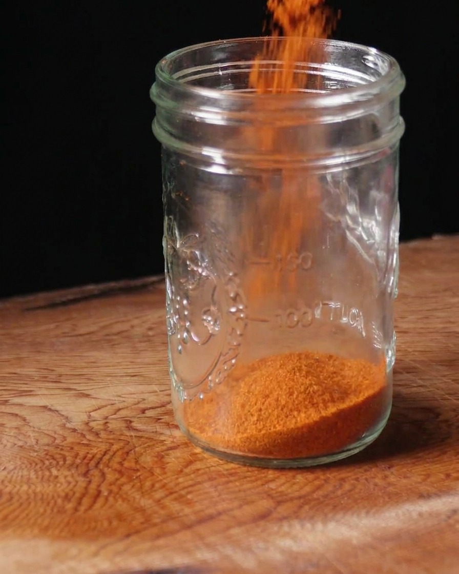 Polvere di paprika dolce versata in un barattolo di vetro trasparente su una superficie di legno.