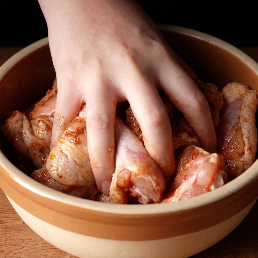 Una mano che massaggia a fondo una marinatura rossastra alle spezie Cajun sulle sovracosce di pollo in una ciotola di ceramica.