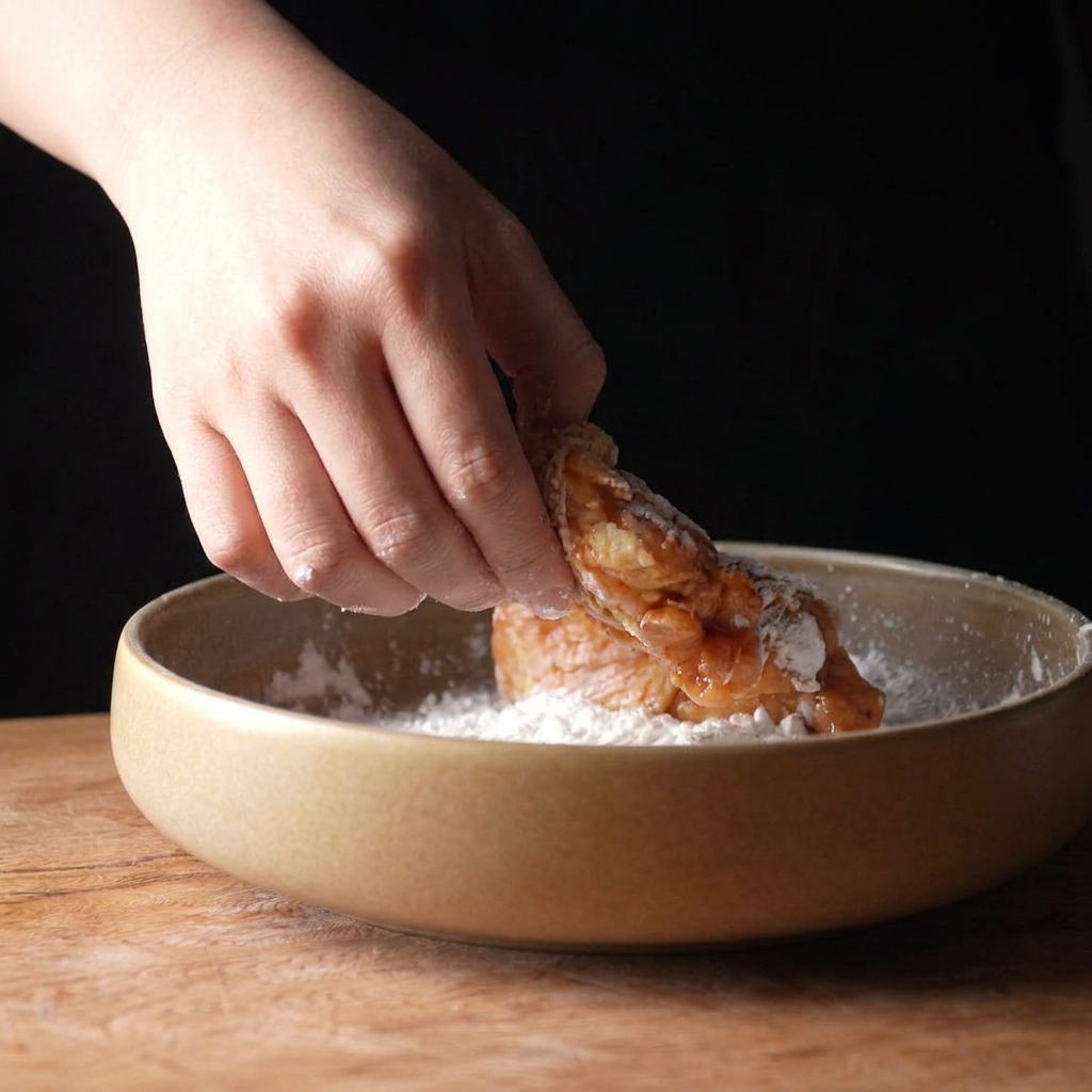Una mano che passa una sovracoscia di pollo condita in una ciotola bassa con amido di mais per creare una sottile copertura.
