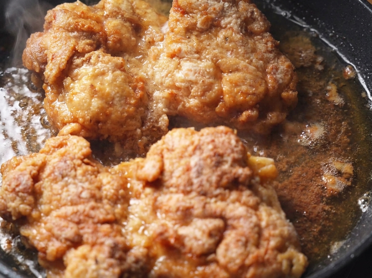 Sovracosce di pollo che sfrigolano nellolio bollente in padella, diventando dorate e croccanti.
