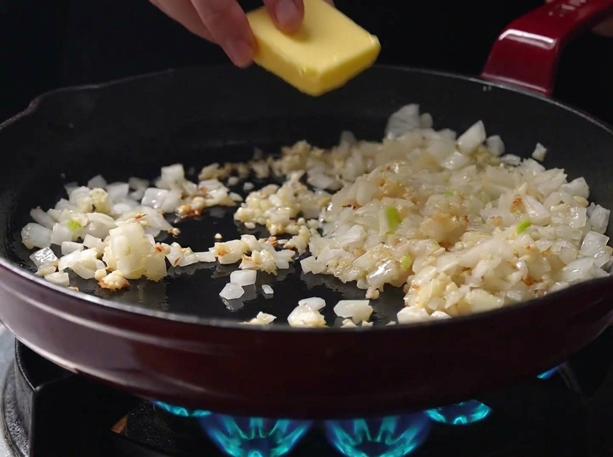 Una mano che mette un pezzetto di burro giallo in una padella con cipolla e aglio soffritti su una fiamma a gas blu.