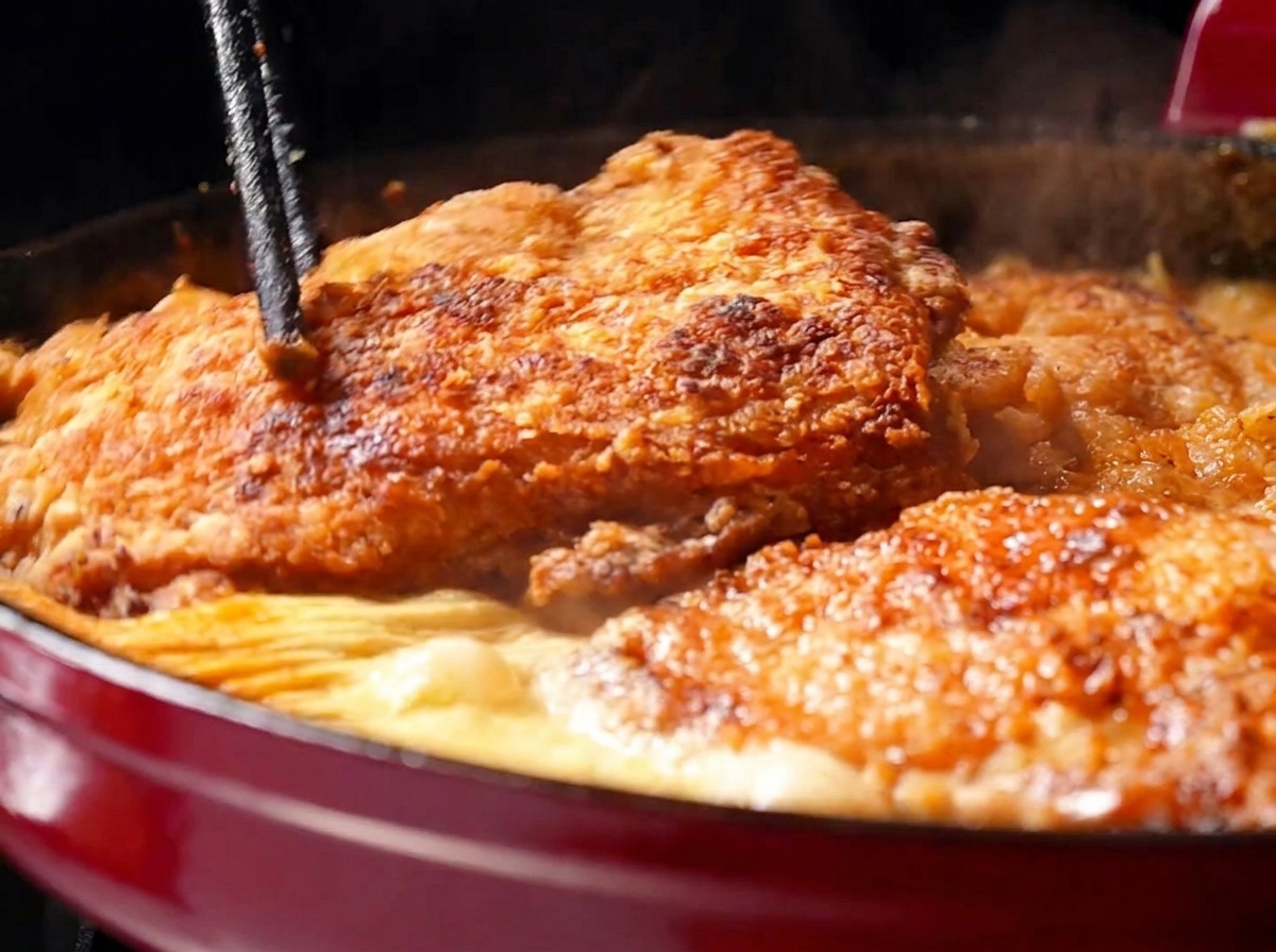 Sovracosce di pollo dorate e croccanti rimesse in una padella rossa con la salsa cremosa arancione che sobbolle.