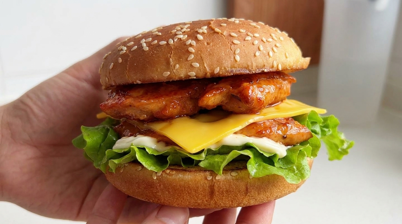 Un burger di pollo Orleans appena preparato con pollo ben dorato in padella, formaggio fuso e lattuga fresca in un panino al sesamo tostato.