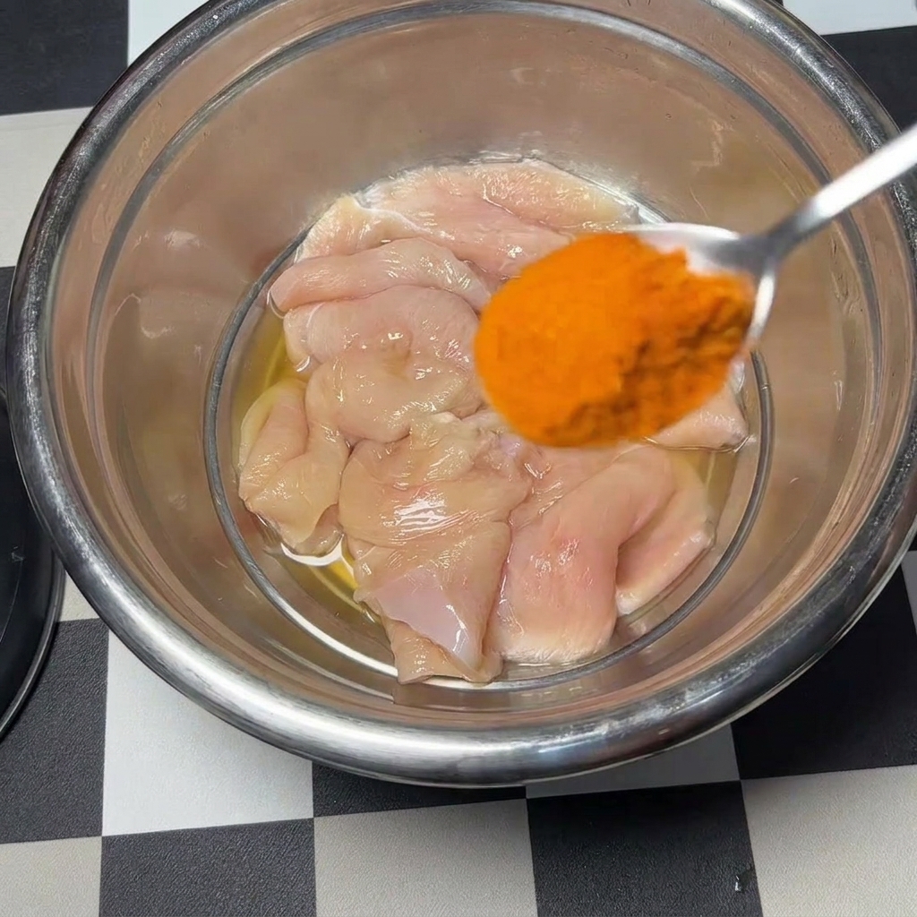 Un cucchiaio di metallo versa della polvere speziata di colore arancione brillante sopra una ciotola dacciaio con cotolette di pollo, un uovo intero e condimenti liquidi.