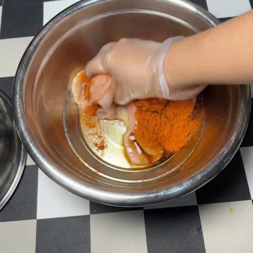 Una mano con un guanto di plastica trasparente massaggia le cotolette di pollo crudo in una ciotola per distribuirvi uniformemente la marinatura di spezie arancione-rossastra.