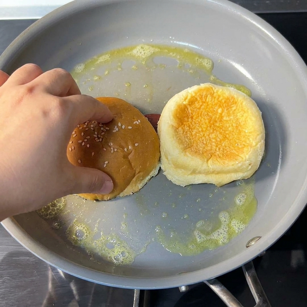 Una mano adagia la metà di un panino al sesamo con la parte tagliata rivolta verso il basso in una padella grigia antiaderente con burro fuso spumeggiante.