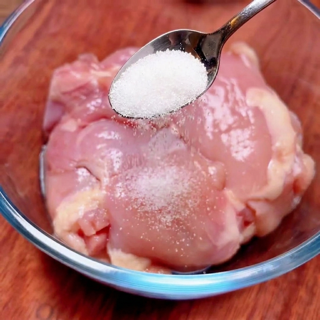 Un cucchiaio di metallo sparge del sale bianco fine sopra le cosce di pollo crude allinterno di una ciotola di vetro trasparente.