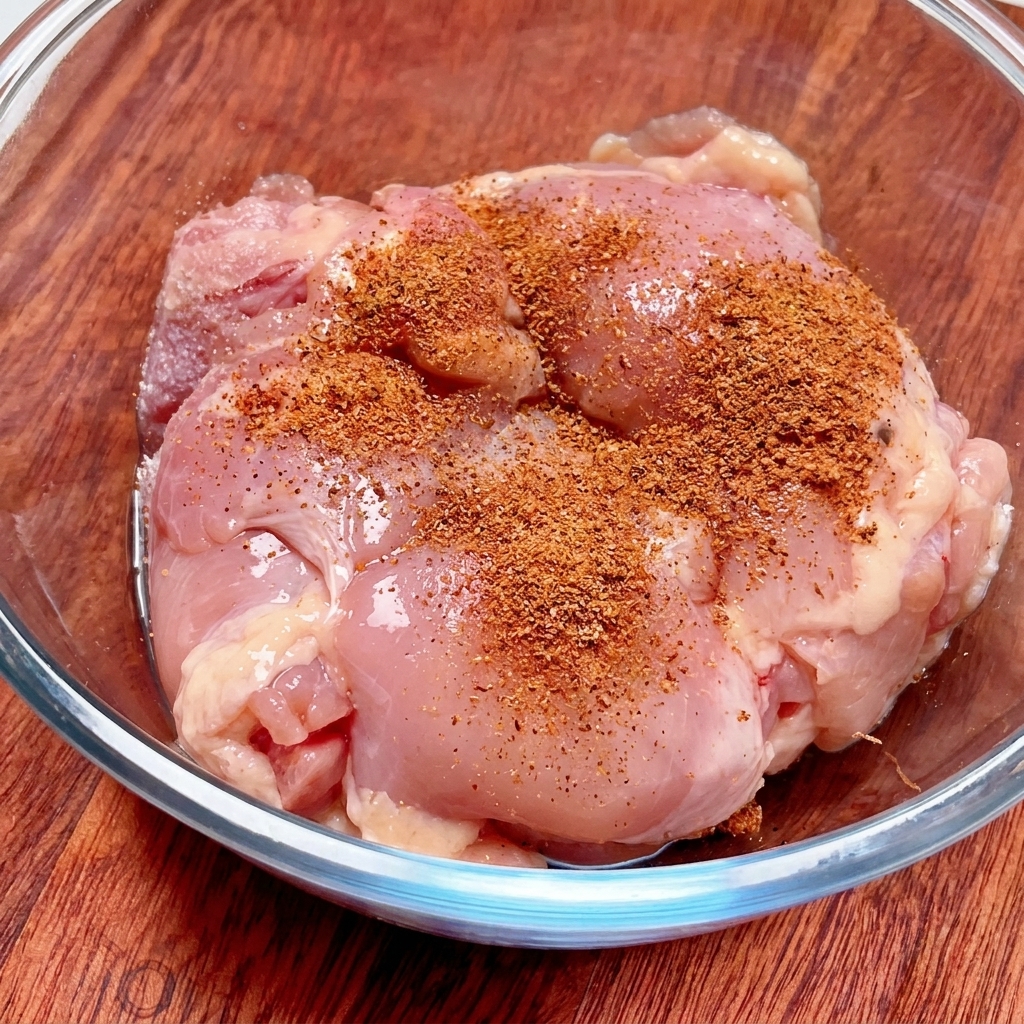 Polvere di spezie Cajun color rosso-marrone generosamente spolverata sopra le cosce di pollo crude in una ciotola di vetro trasparente.