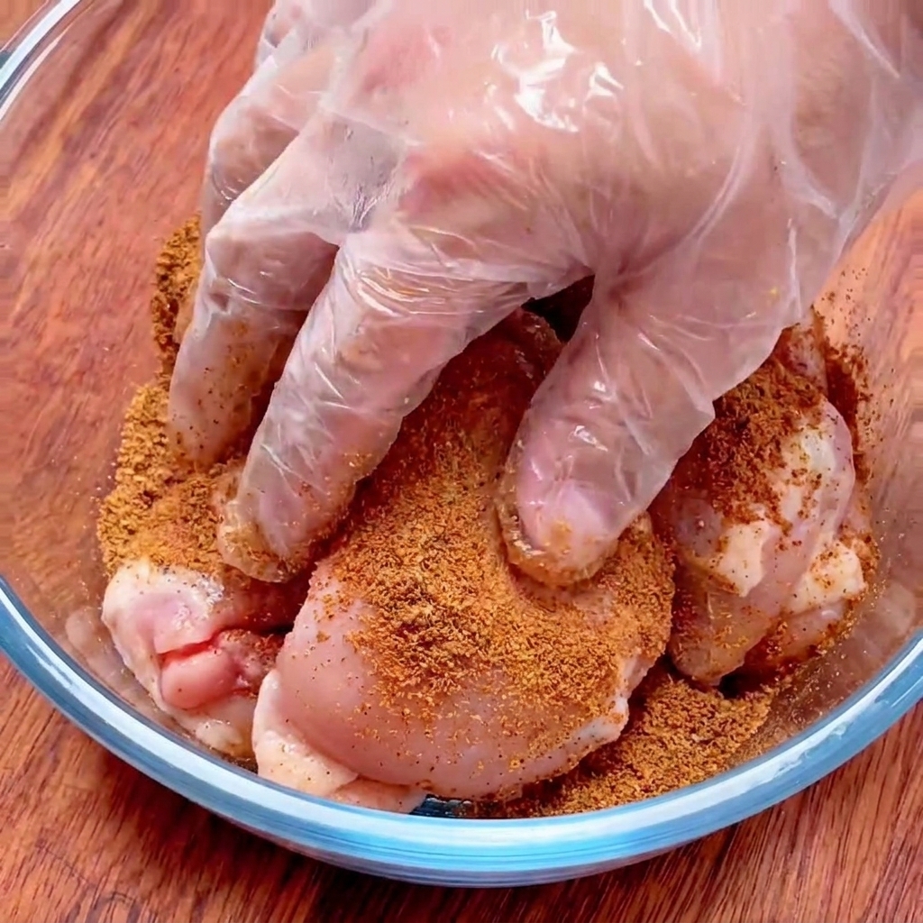 Una mano con un guanto di plastica trasparente massaggia le cosce di pollo crude coprendole con la spezia Cajun rosso-marrone dentro una ciotola di vetro.
