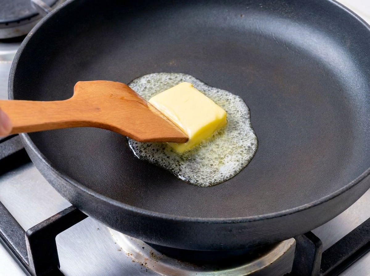 Un cubetto di burro giallo che si scioglie creando una schiumetta in una padella nera, rimescolato con una spatola di legno.