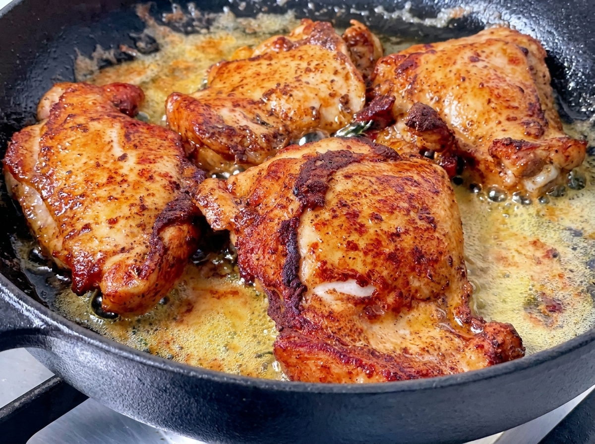 Quattro cosce di pollo condite che cuociono con la pelle rivolta verso lalto in una padella di ghisa con burro fuso, mostrando una crosta dorata.