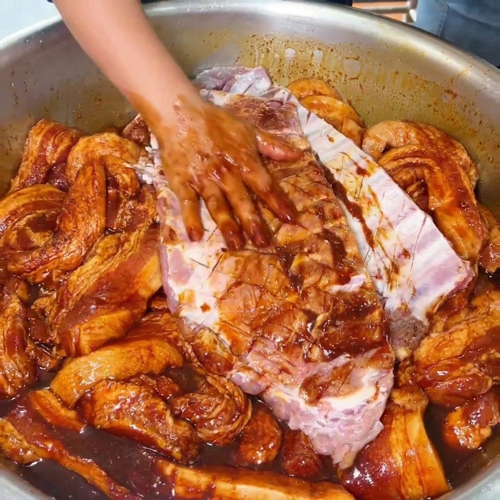 Una mano che massaggia a fondo una ricca marinatura scura su un grande pezzo di costine di maiale crude incise allinterno di una ciotola in acciaio inossidabile.