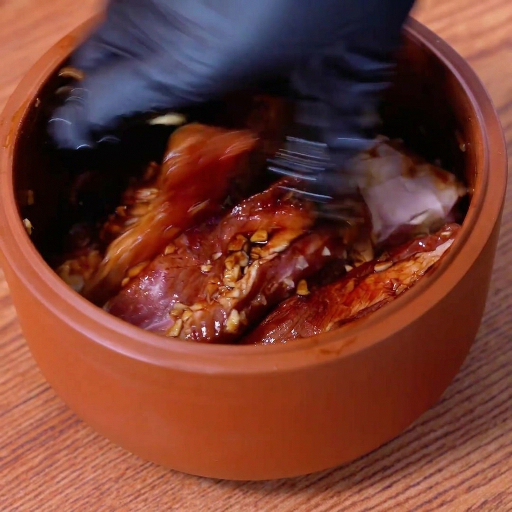 Una mano con un guanto che mescola accuratamente le costine di maiale crude con aglio e salse scure in una ciotola marrone.