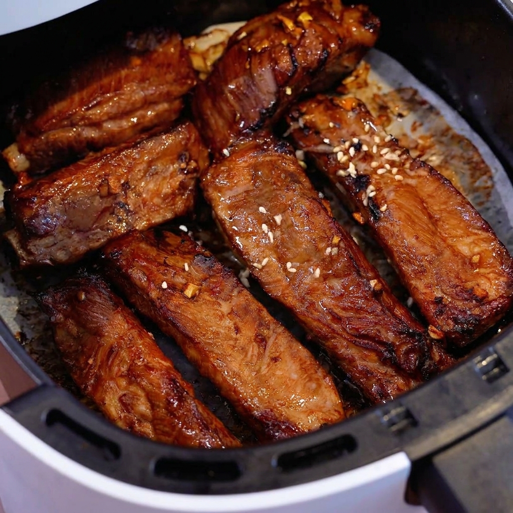 Costine di maiale al miele cotte, lucide e ben dorate, nel cestello della friggitrice ad aria con semi di sesamo bianco.