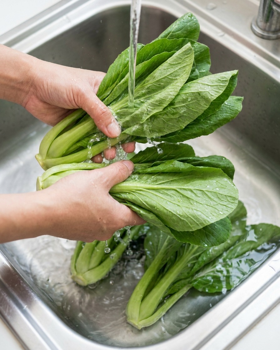 Mani che lavano verdure fresche a foglia verde tipo pak choi in un lavandino di metallo sotto un getto di acqua fredda corrente.