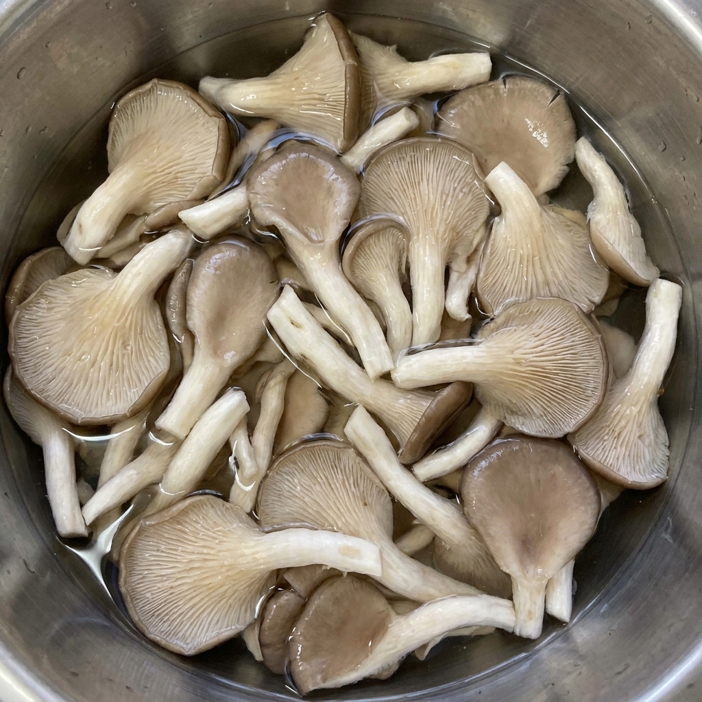 Pezzi di funghi pleurotus crudi spezzettati a mano in ammollo in acqua pulita dentro una ciotola di metallo rotonda.