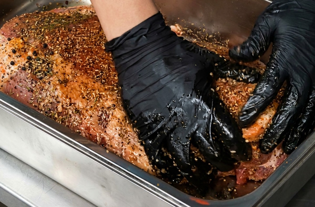 Mani con guanti neri che distribuiscono e fanno aderire un ricco strato di pepe nero grosso e spezie su un grande pezzo di brisket in una teglia di metallo.