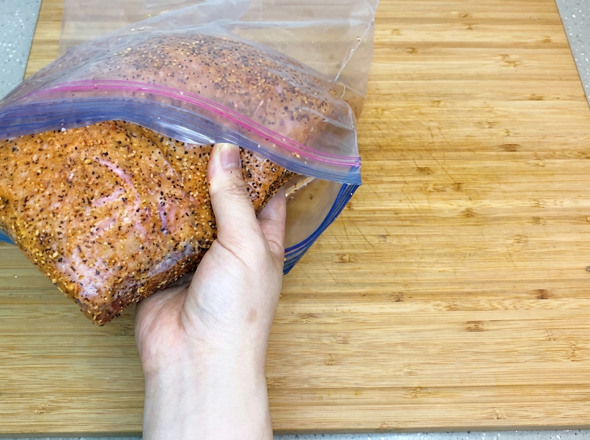 Una mano inserisce la punta di petto di manzo coperta di spezie in un sacchetto di plastica trasparente per alimenti con chiusura a zip.