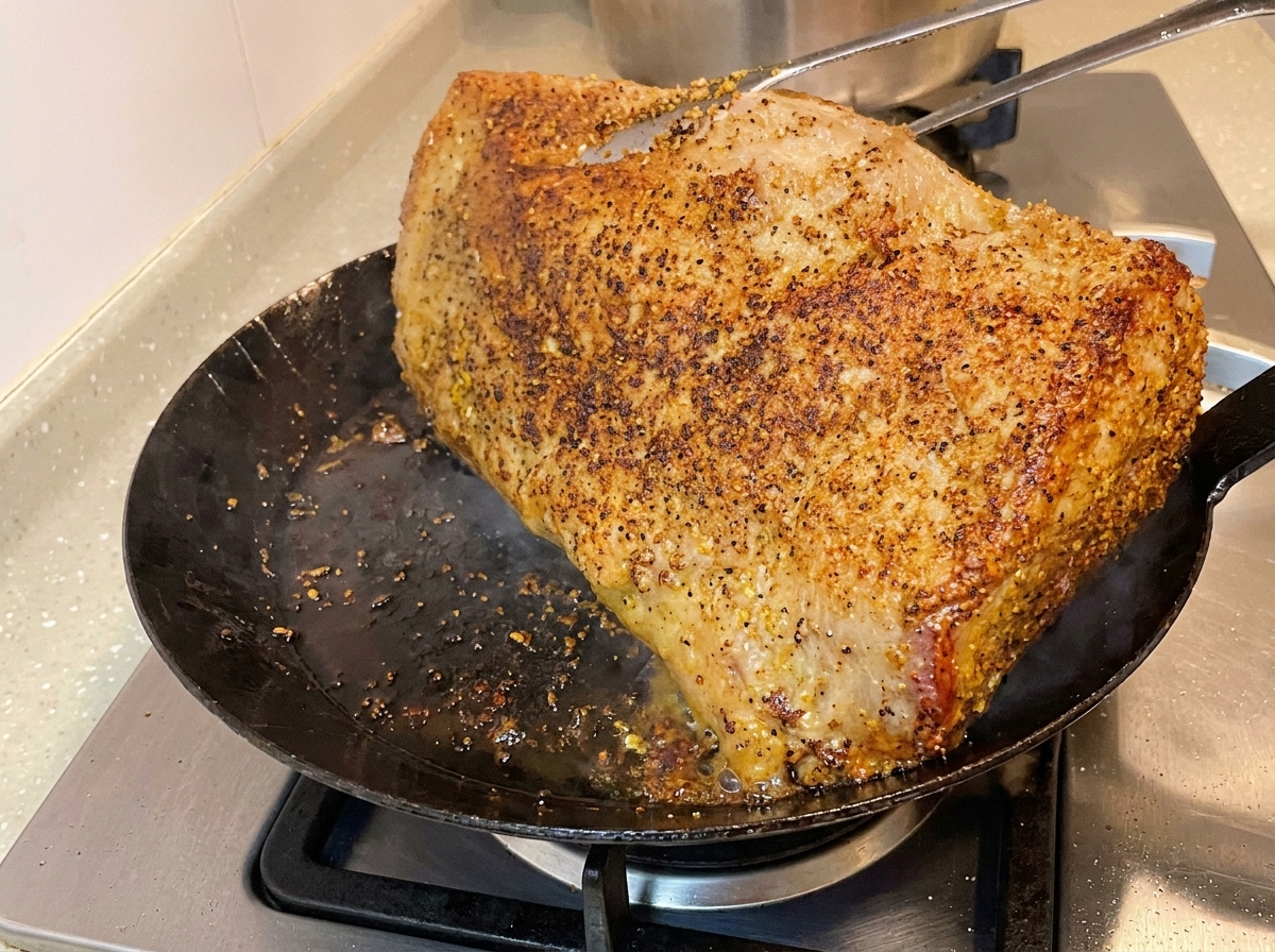 Delle pinze da cucina sollevano e girano il grosso pezzo di carne nella padella bollente, mostrando una superficie ben dorata e sfrigolante.