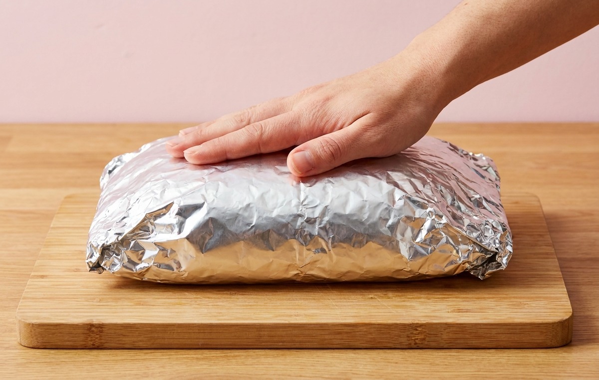 Una mano preme con decisione i bordi di un foglio di alluminio per sigillare ermeticamente la teglia da forno posata sul tagliere.