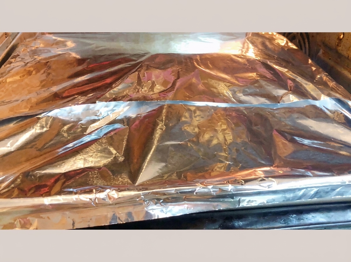 La teglia avvolta saldamente nellalluminio posizionata sulla griglia centrale allinterno del forno acceso.