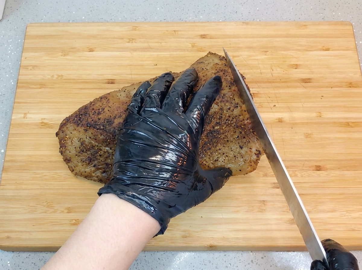 Una mano con un guanto tiene fermo il brisket cotto su un tagliere mentre lo affetta finemente con un lungo coltello da chef.