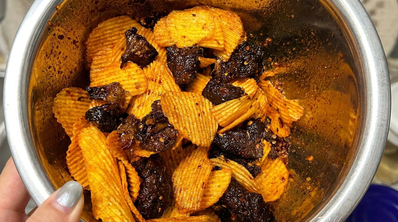 Una ciotola in acciaio inossidabile colma di patatine fritte rigate e cubetti di grasso di manzo dorati in friggitrice ad aria, interamente conditi con olio piccante aromatico fatto in casa.