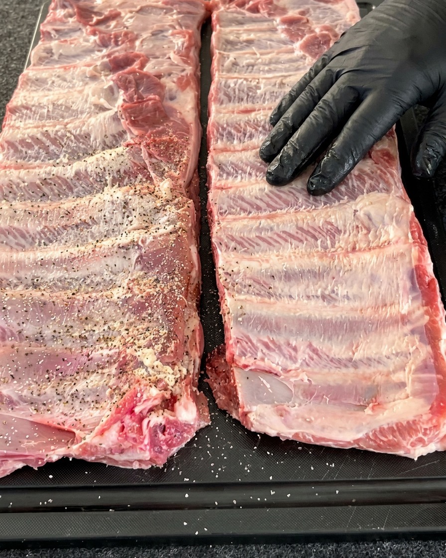 Un baffo di costine di maiale disteso su una superficie scura, mentre un mix di sale, pepe e aglio in polvere viene distribuito uniformemente sul lato delle ossa.