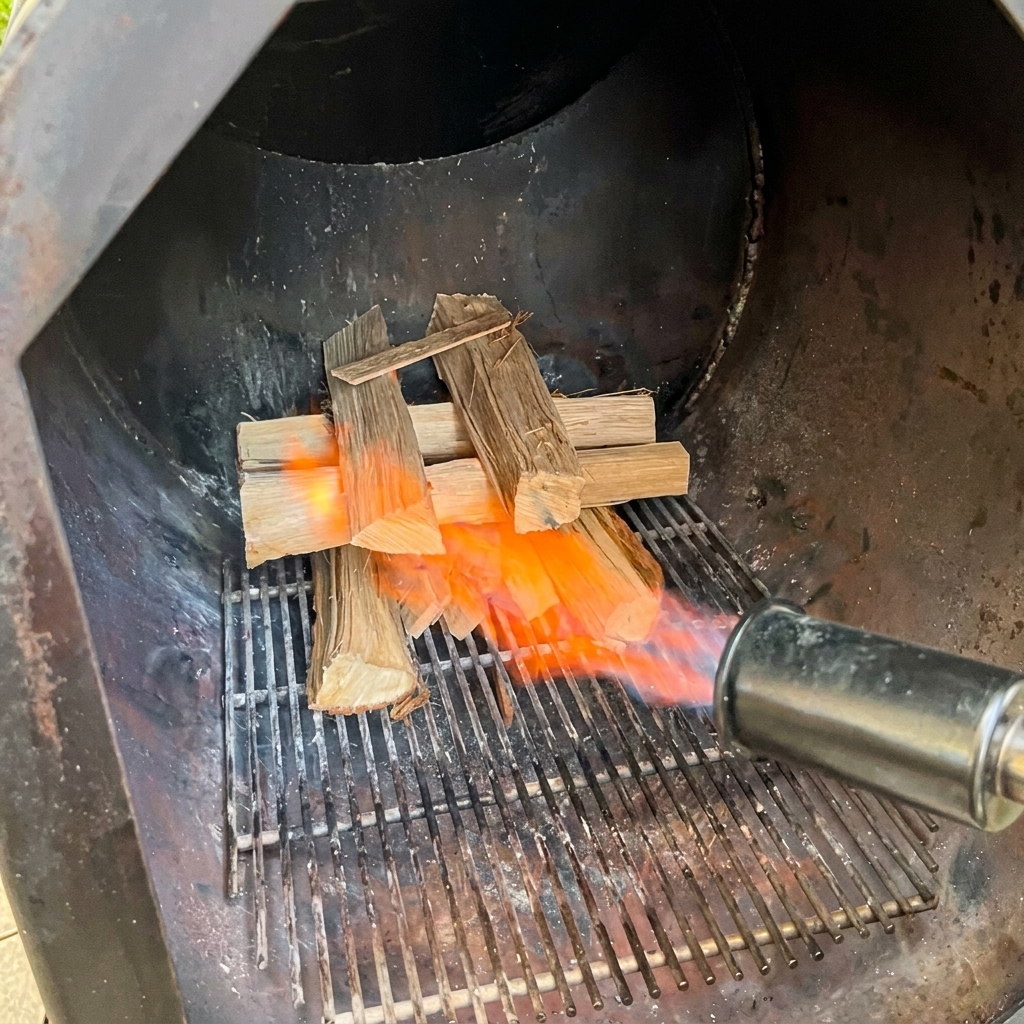 Un cannello a propano che lancia una forte fiamma arancione direttamente su una catasta di ciocchi di legno di quercia allinterno del braciere di un affumicatore in acciaio nero.