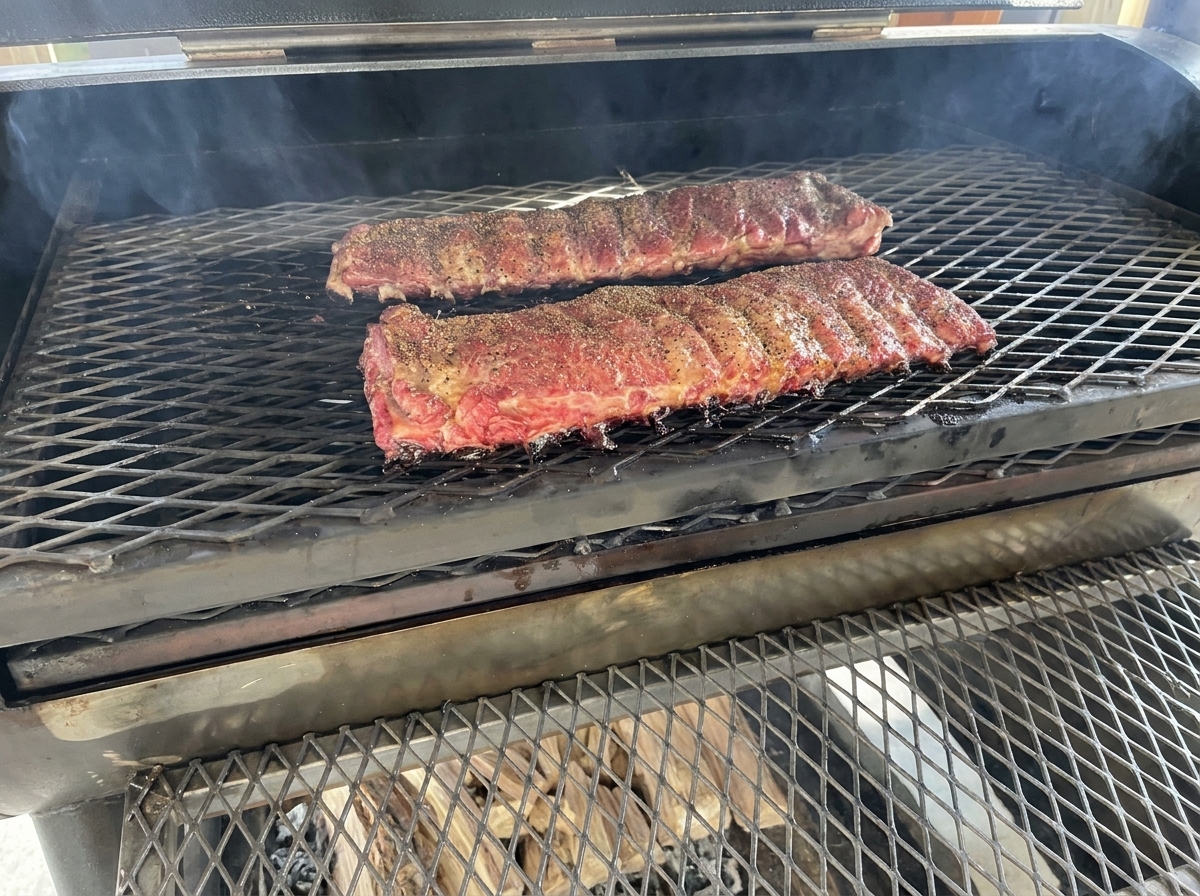 Due baffi di costine di maiale condite adagiati sulla griglia metallica di un affumicatore offset aperto, con il fumo che sale delicatamente.