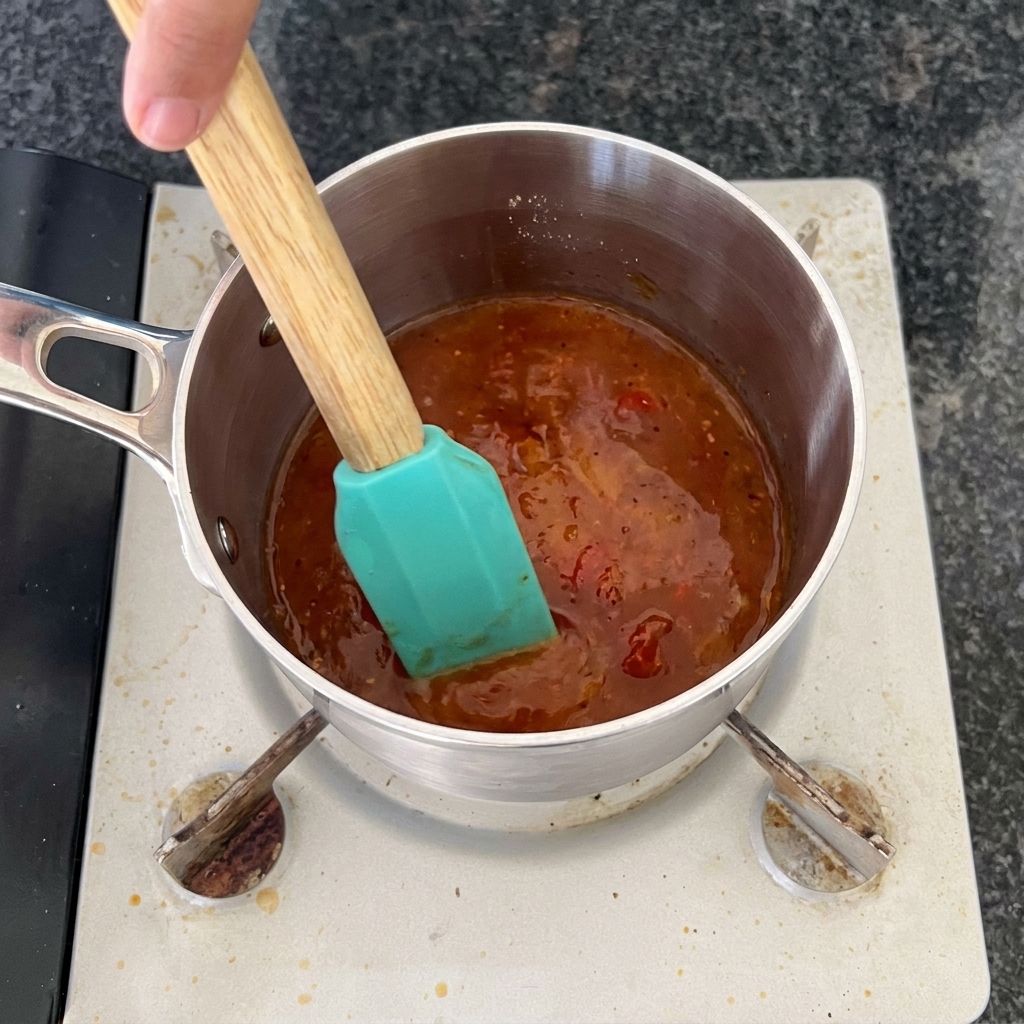 Una mano che mescola una salsa mop per barbecue rossastra e spumeggiante in un pentolino di acciaio inossidabile con una spatola turchese.
