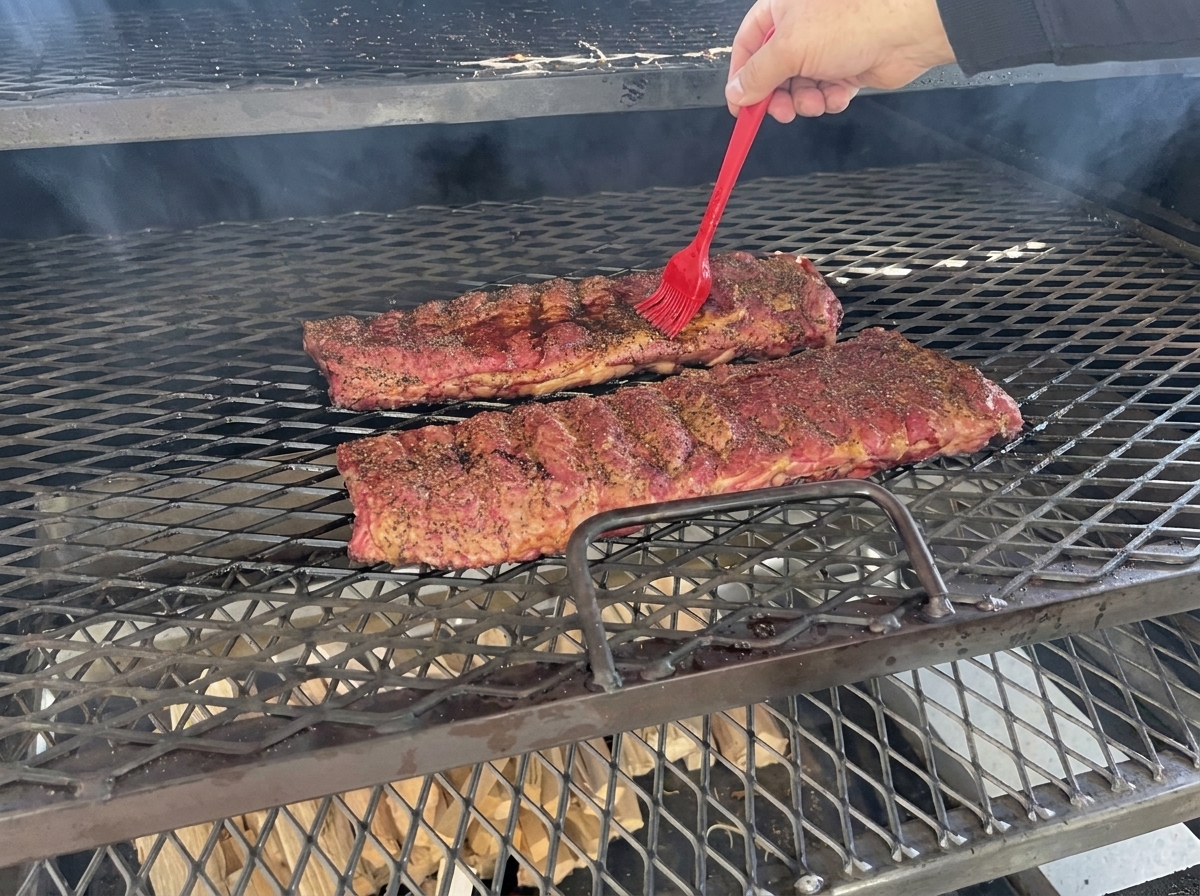 Una mano usa un pennello da cucina rosso per glassare due lunghi baffi di costine condite allinterno di un grande affumicatore di tipo commerciale nero.