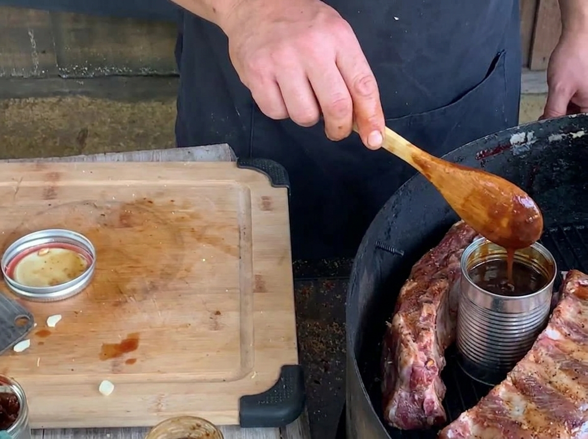 Una persona usa un cucchiaio di legno per versare una salsa barbecue scura ai mirtilli in una lattina inserita allinterno di un cestino di costine sulla griglia.