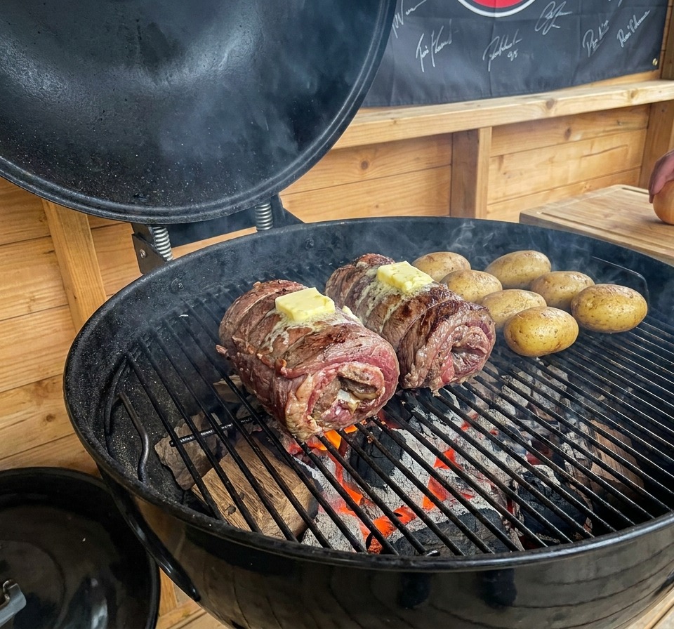 Due rotoli di carne sormontati da burro che si scioglie arrostiscono su un barbecue sferico a carbone accanto a diverse patate intere.