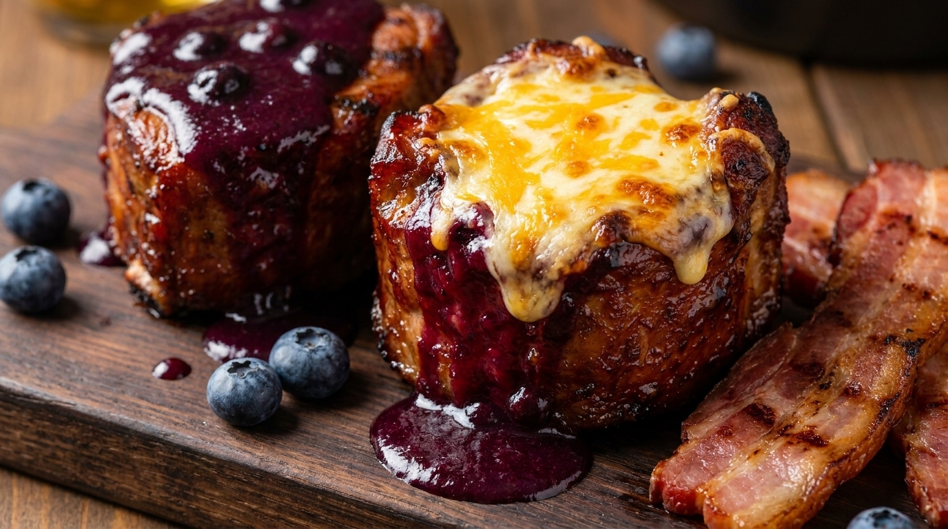 Due cestini caramellati di costine di maiale BBQ glassati con una lucida salsa barbecue ai mirtilli e guarniti con formaggio dorato fuso, serviti con bacon grigliato a fette spesse.