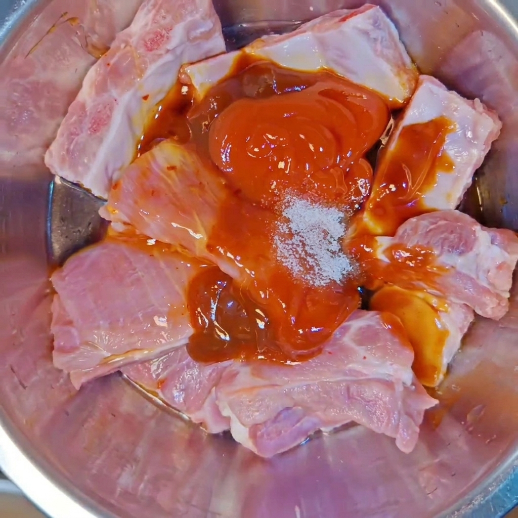 Costine di maiale crude in una ciotola di metallo condite con varie salse, una manciata di sale e un trito aromatico.