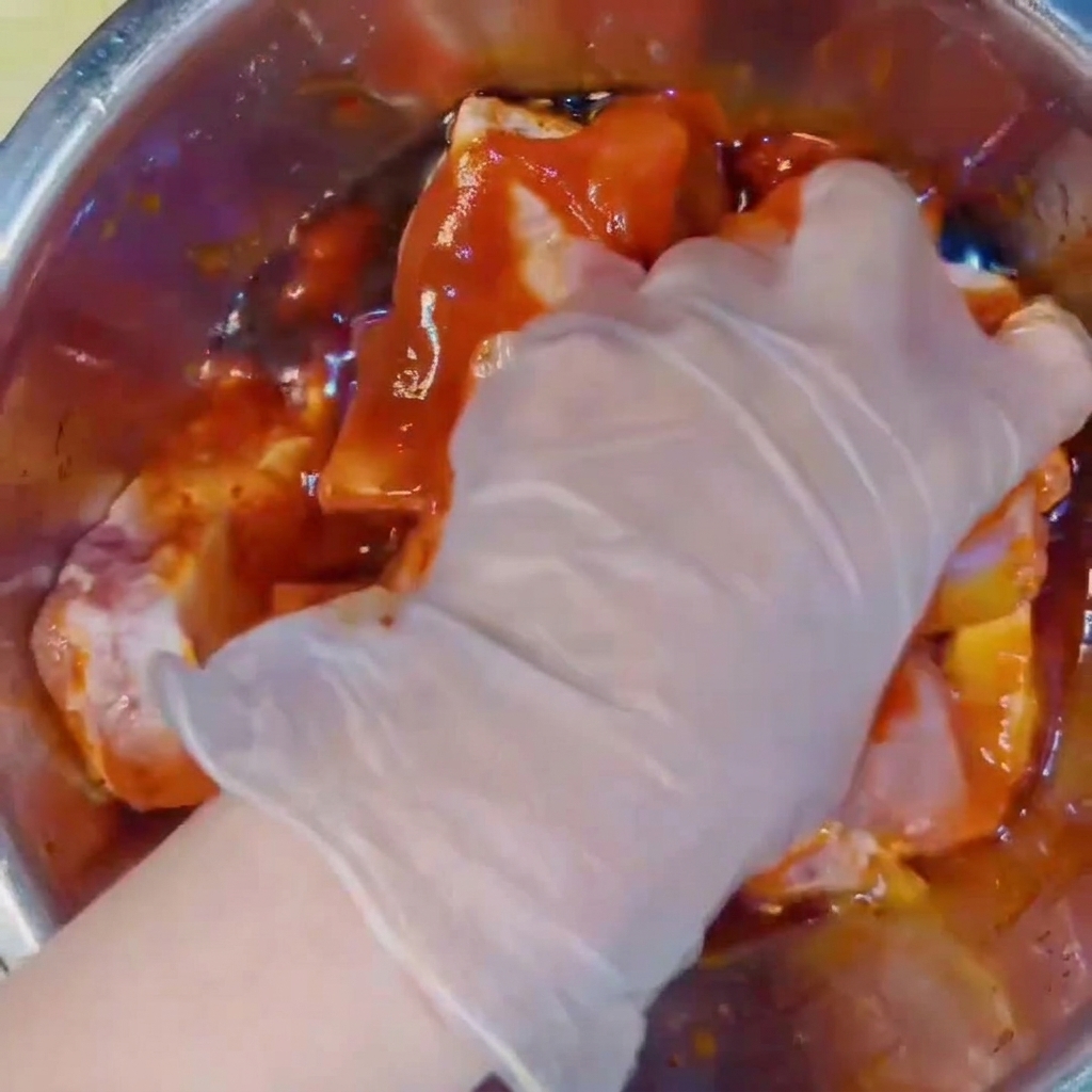 Una mano con un guanto di plastica trasparente che mescola le costine di maiale crude con la marinatura rossa in una ciotola di acciaio.
