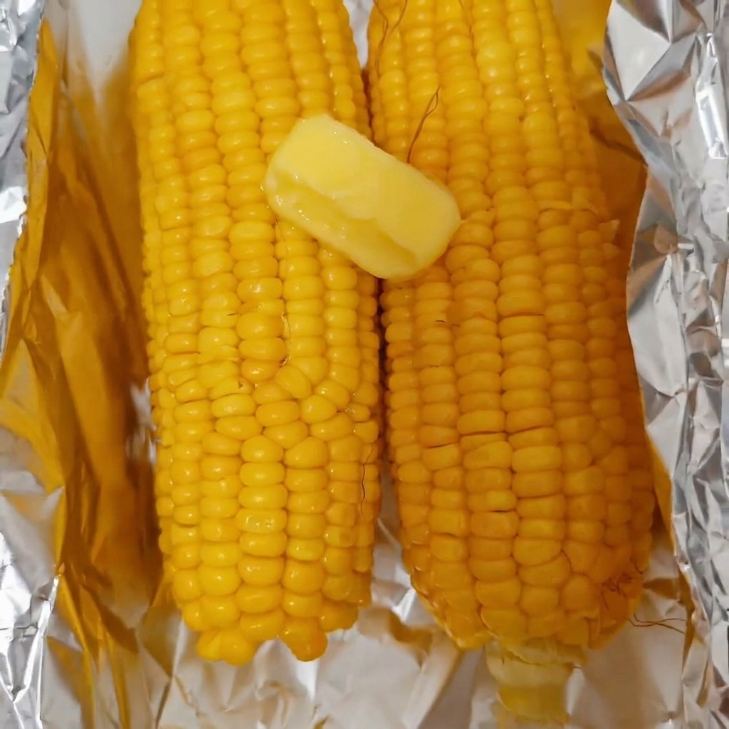 Una noce di burro giallo che si scioglie su due pezzi di mais dolce caldo appena bollito, adagiati su un foglio di alluminio.