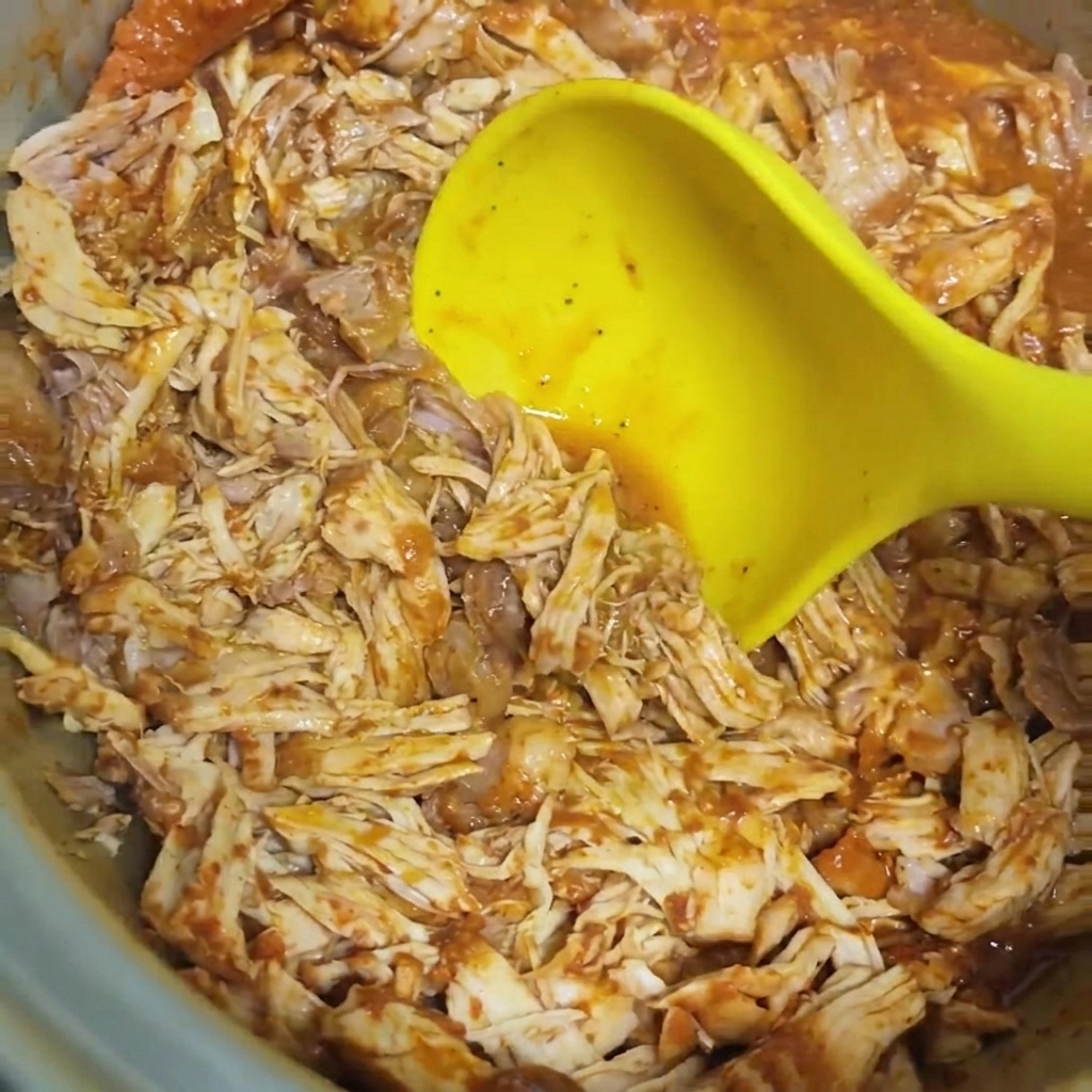 Maiale sfilacciato mescolato con una ricca salsa barbecue allinterno di una pentola usando un grande mestolo.