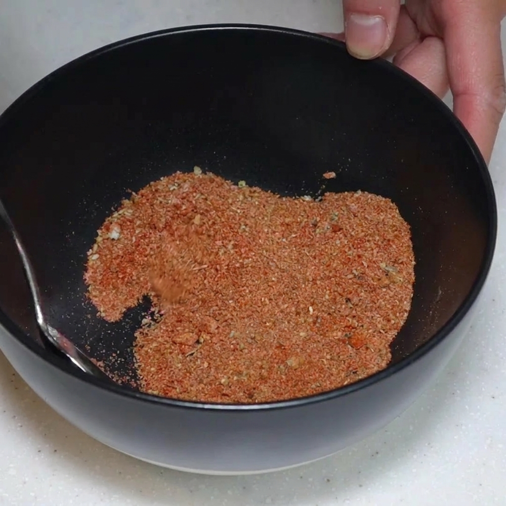 Una mano che mescola un mix di spezie rosso-brunastro con un cucchiaio allinterno di una ciotola nera su un piano.