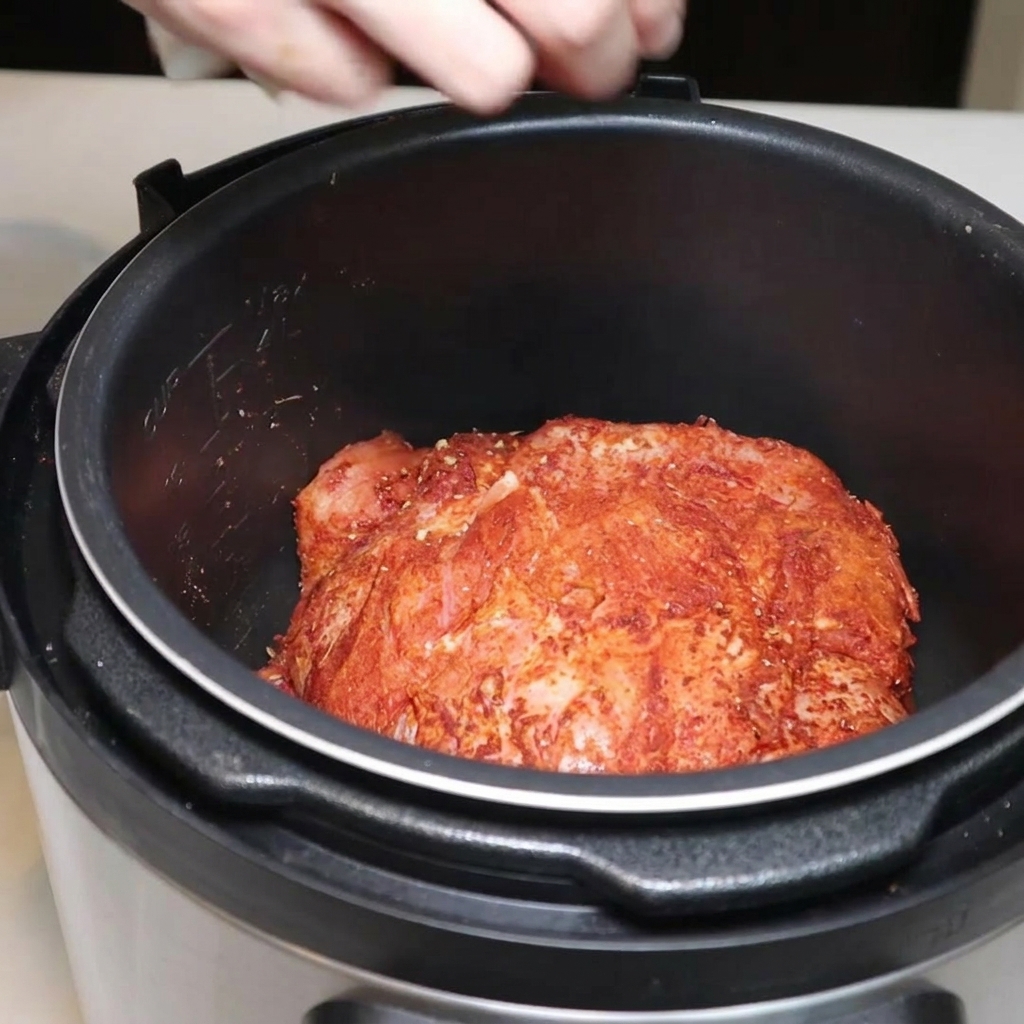 Un pezzo abbondante di spalla di maiale insaporita sistemato nella pentola interna di una pentola a pressione elettrica.