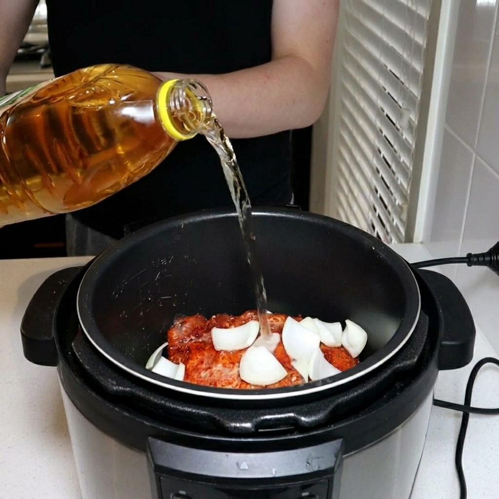 Un liquido dorato viene versato da una bottiglia di plastica allinterno della pentola a pressione, bagnando il maiale e i pezzettoni di cipolla.
