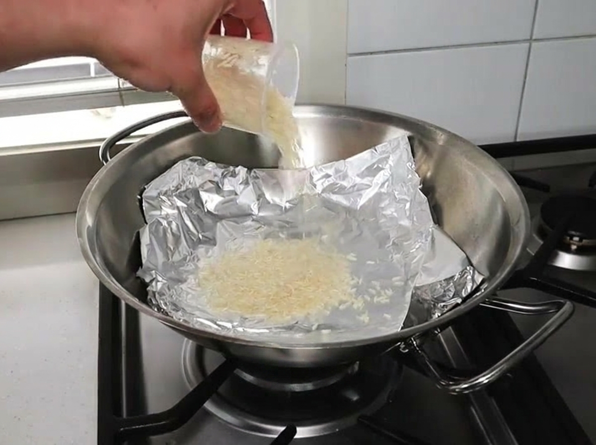 Una mano versa del riso bianco da un bicchierino di plastica sopra un foglio di carta di alluminio posto sul fondo di un wok in metallo.