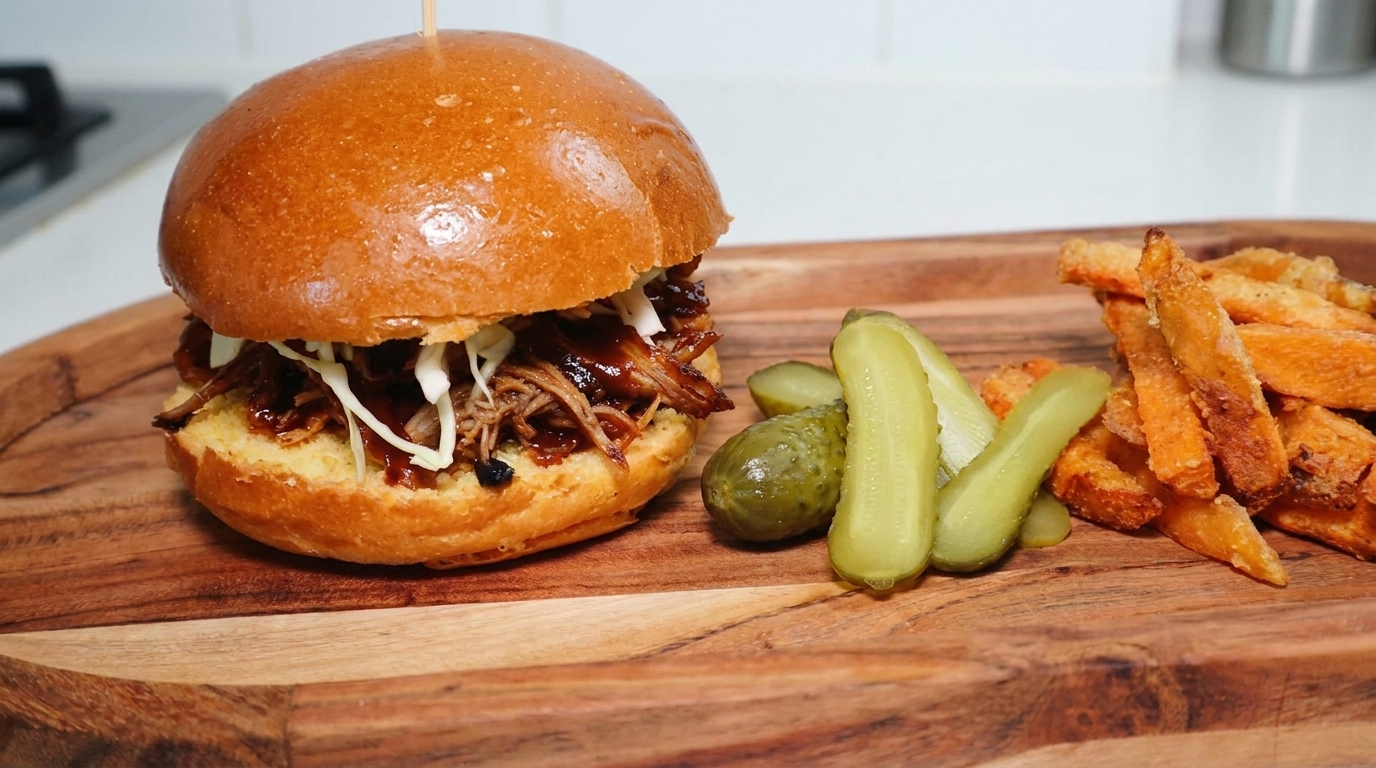 Burger di Pulled Pork Affumicato con Patate Dolci