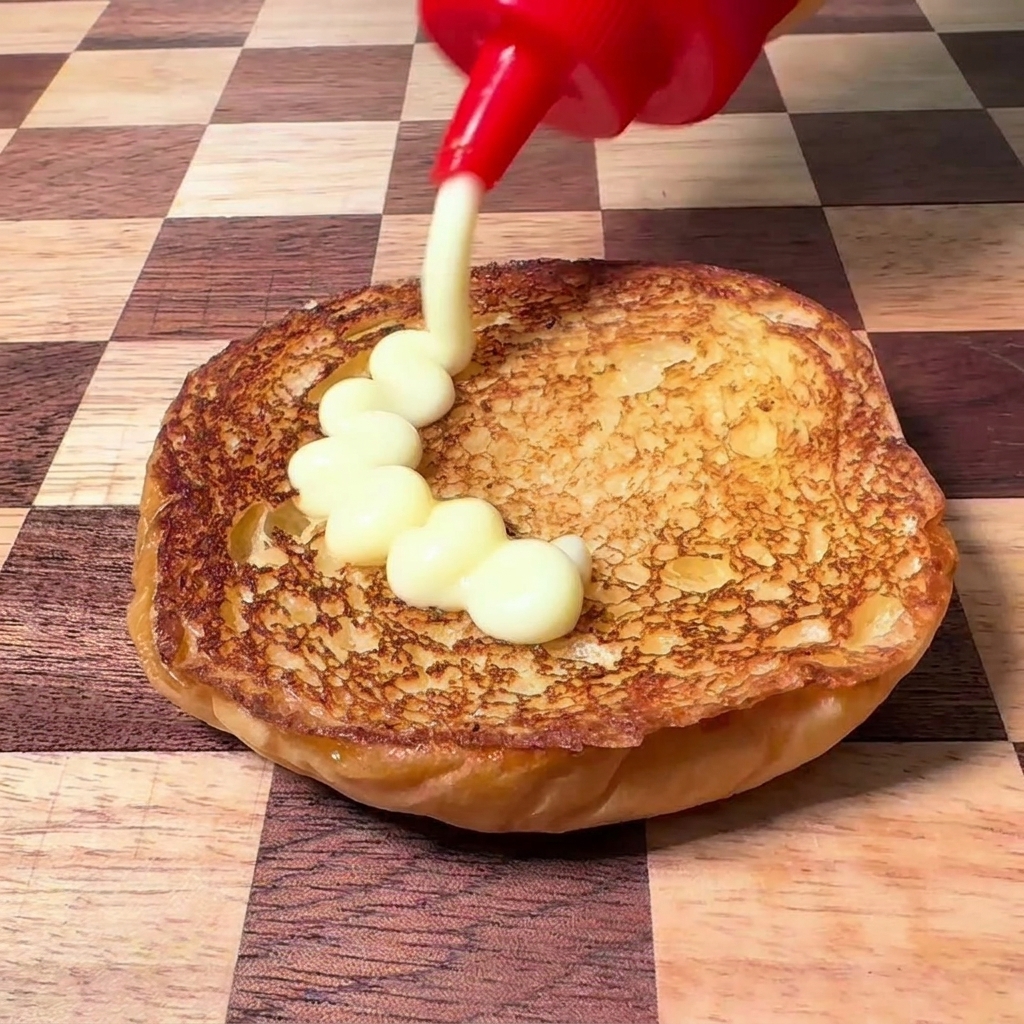 Maionese spremuta da un dosatore rosso su un panino da hamburger tostato posto su una superficie a scacchi.