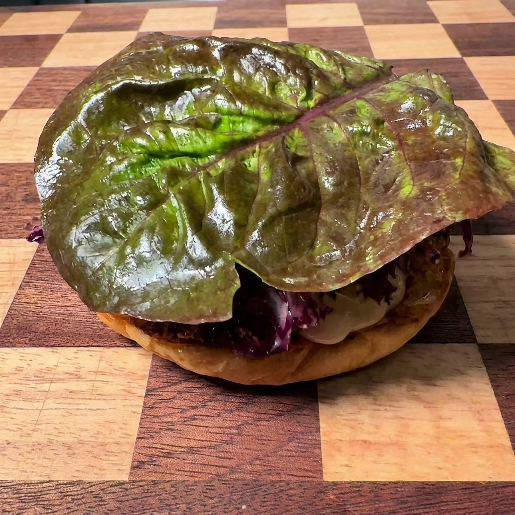 Una grande foglia di lattuga verde scuro adagiata sopra un panino da hamburger su un tagliere di legno a scacchi.