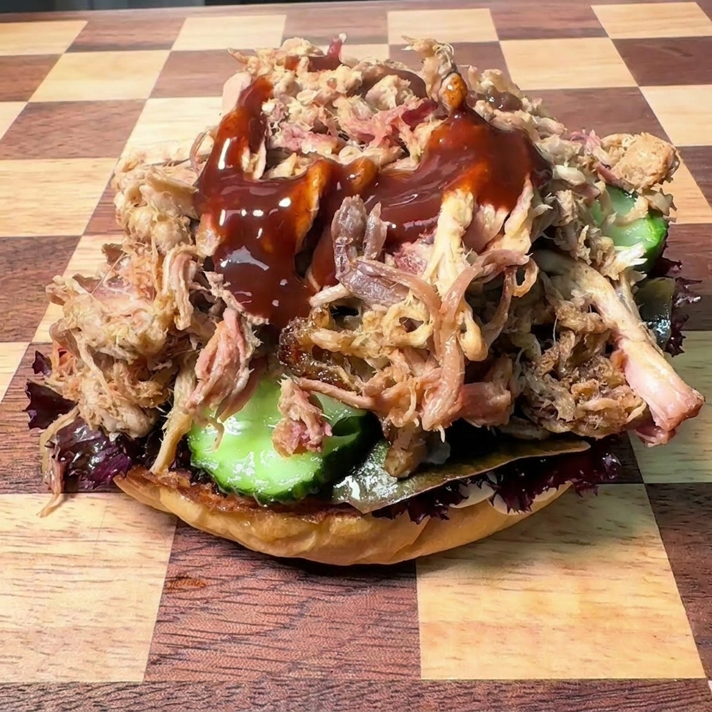 Salsa barbecue scura e lucida versata sopra unabbondante porzione di pulled pork sfilacciato in un panino.