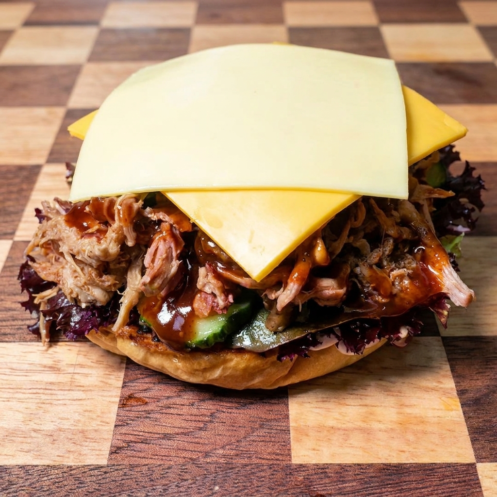 Fette quadrate di formaggio giallo disposte con cura sopra un burger di pulled pork con salsa barbecue.